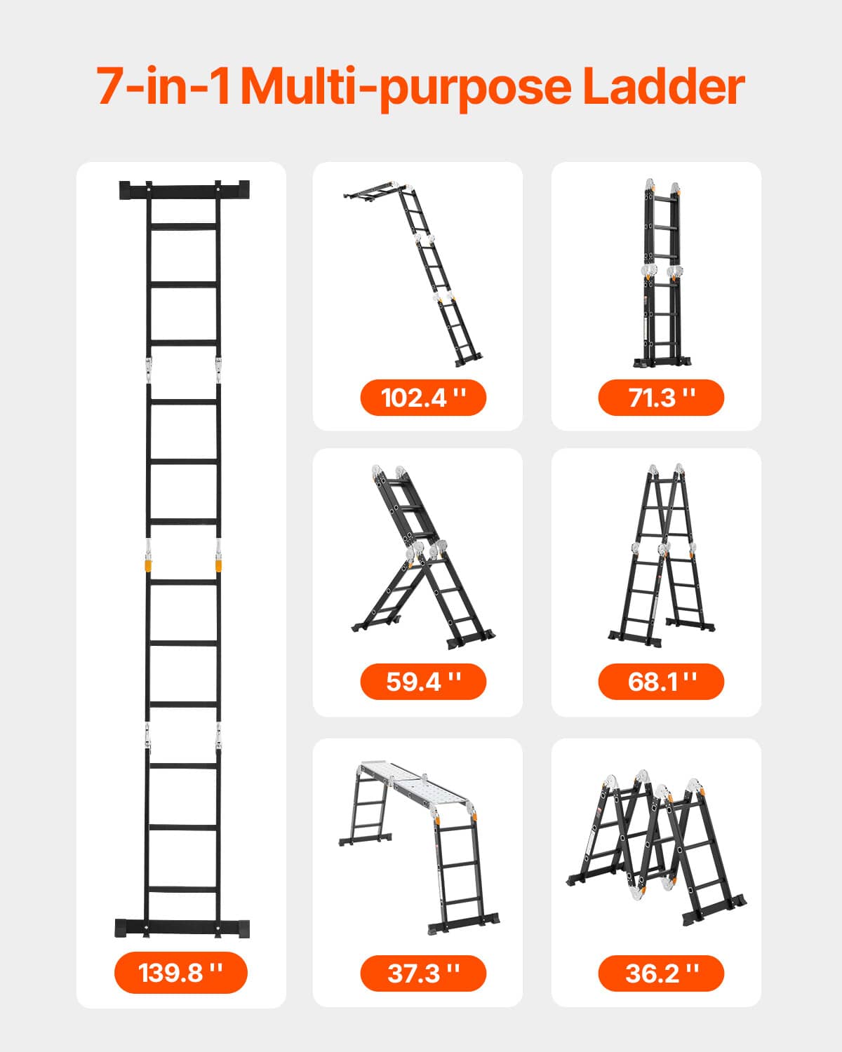 7-in-1 multi-purpose folding ladder showing multiple positions, black with orange accents