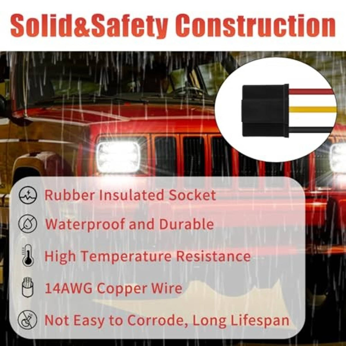 LED headlight wiring adapter harness with rubber-insulated black connector and red wire casing