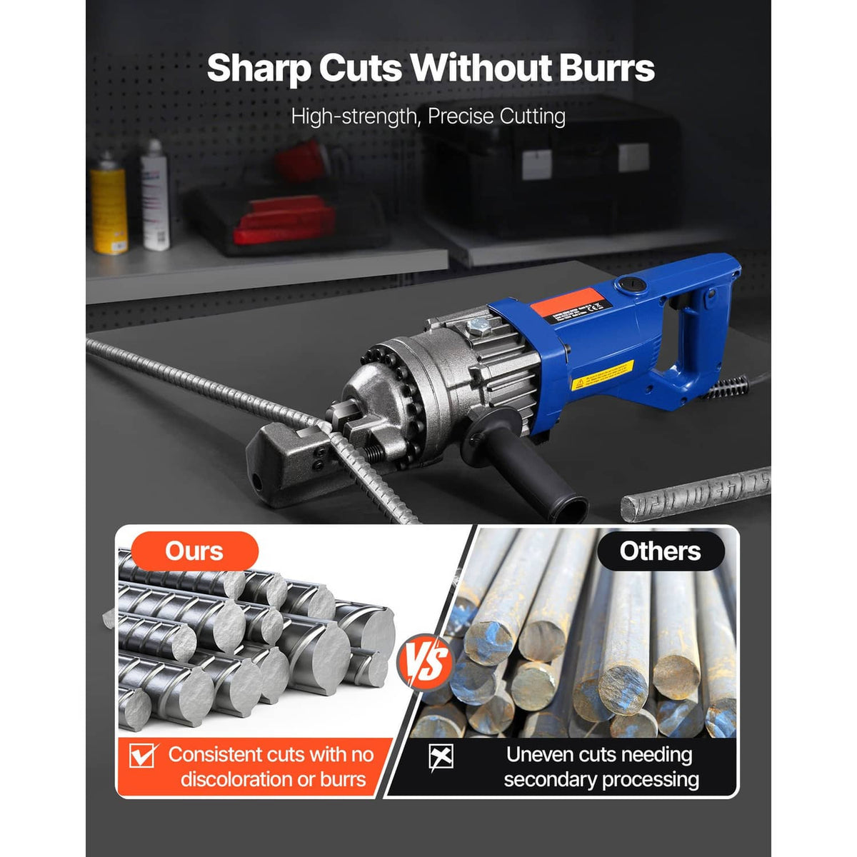 Rebar cutter blades with threaded holes, shown with a blue handheld cutting tool.