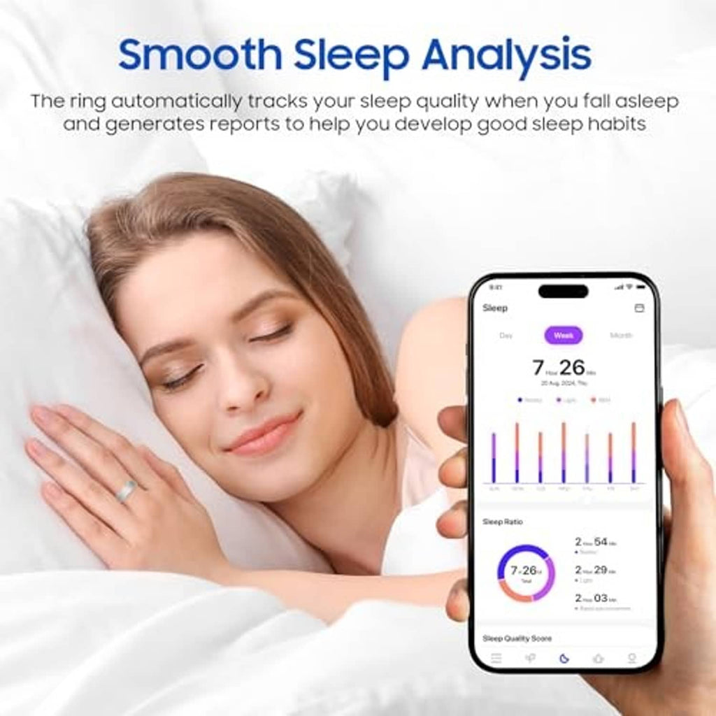 Sleep monitoring phone screen showing weekly sleep bars and sleep quality details