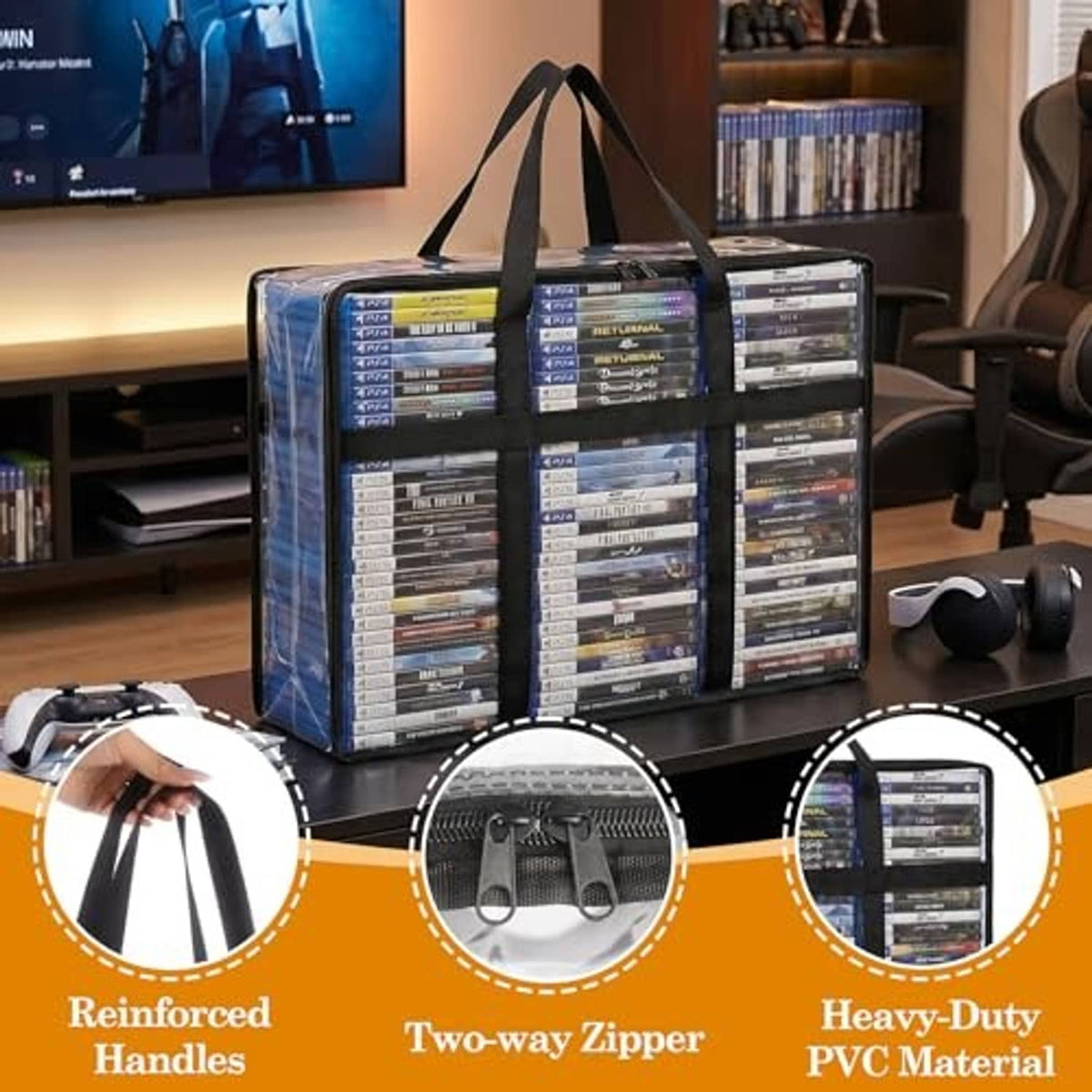 Clear Blu-ray storage bags with reinforced handles and two-way zipper, 2-pack
