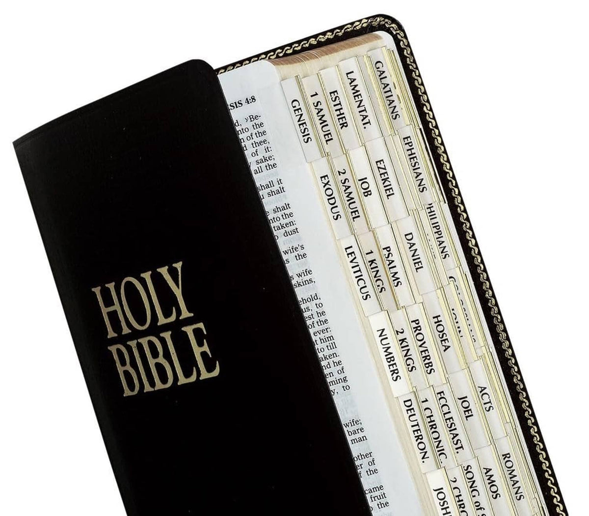 Gold-edged Bible indexing tabs peeking from Holy Bible cover