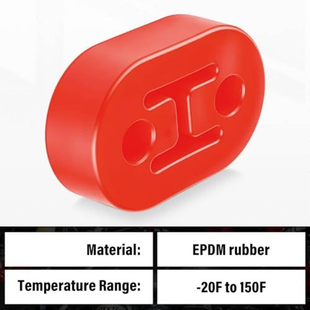Red rubber exhaust hanger insulator end view with embossed logo and two round mounting holes