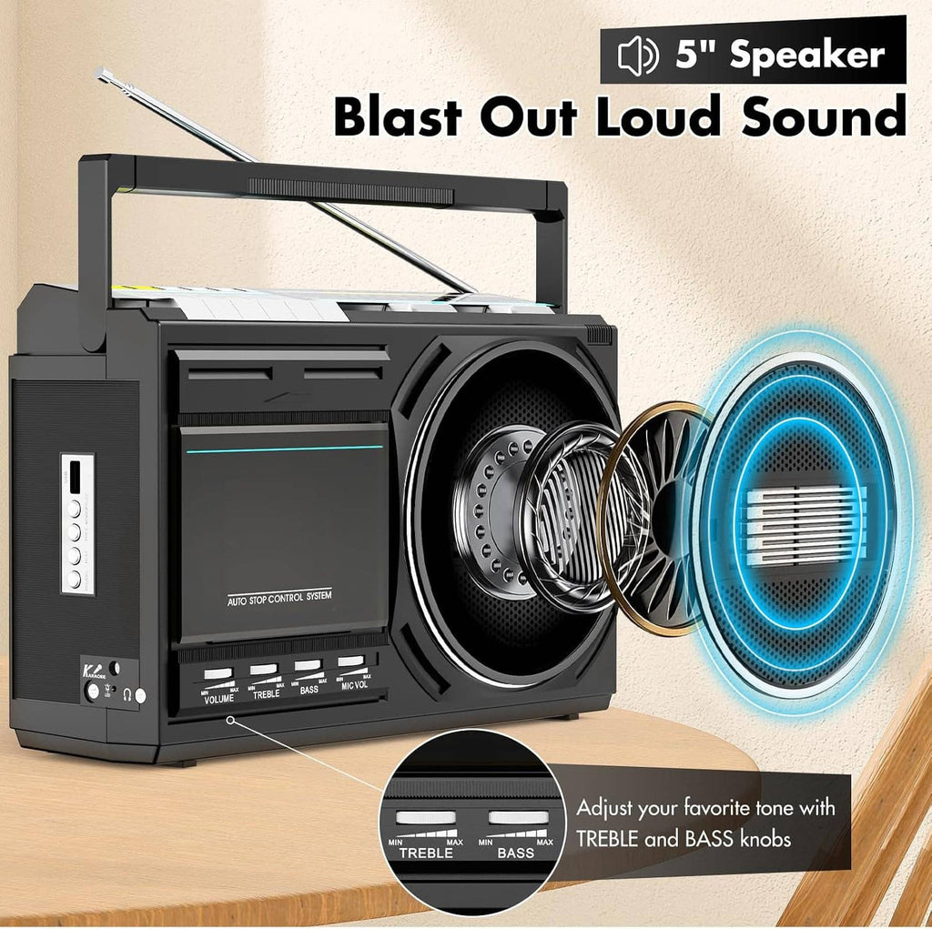 Black cassette boombox with circular grille speaker and glowing blue ring, top antenna