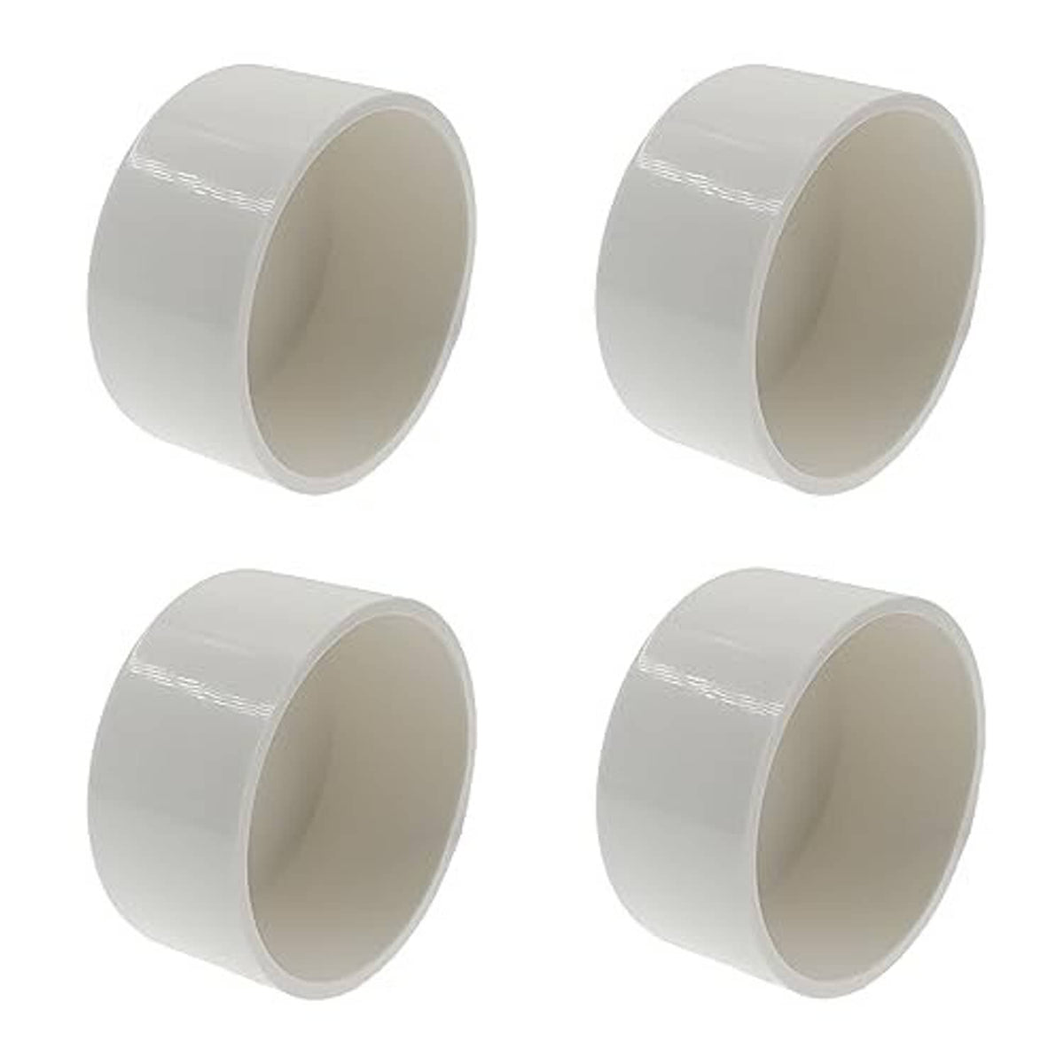 Set of white 2.5 in PVC pipe end caps, round plugs with open interior