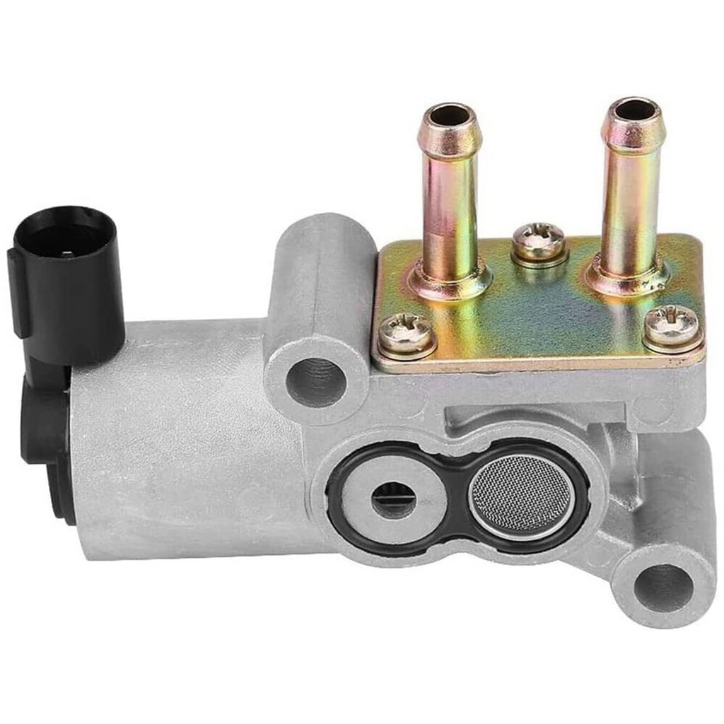 Idle air control valve assembly with silver housing, rainbow mounting base, and two ports