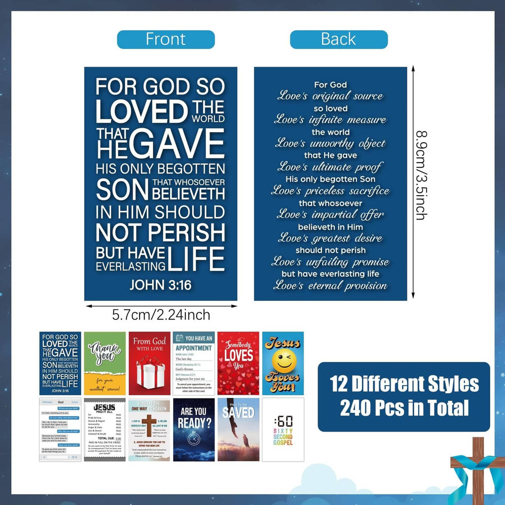 Gospel tract cards showing front and back, blue and red text layout