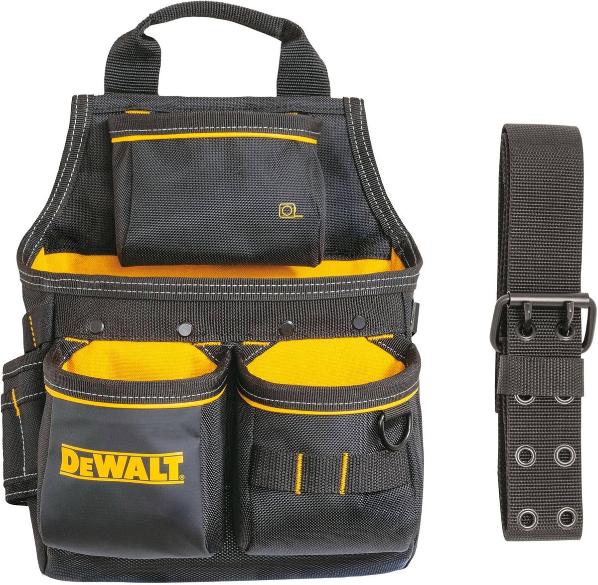 Small black tool belt pouch with strap; multiple exterior pockets and yellow DEWALT trim