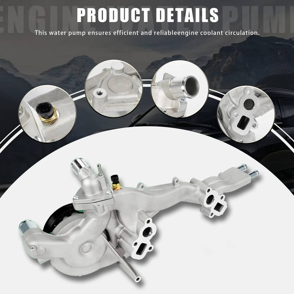 Water pump with thermostat assembly, silver housing with black pulley and coolant outlet ports