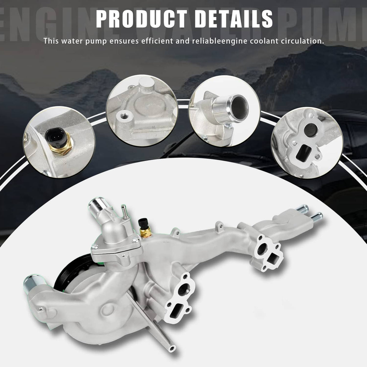 Water pump with thermostat assembly, silver housing with black pulley and coolant outlet ports