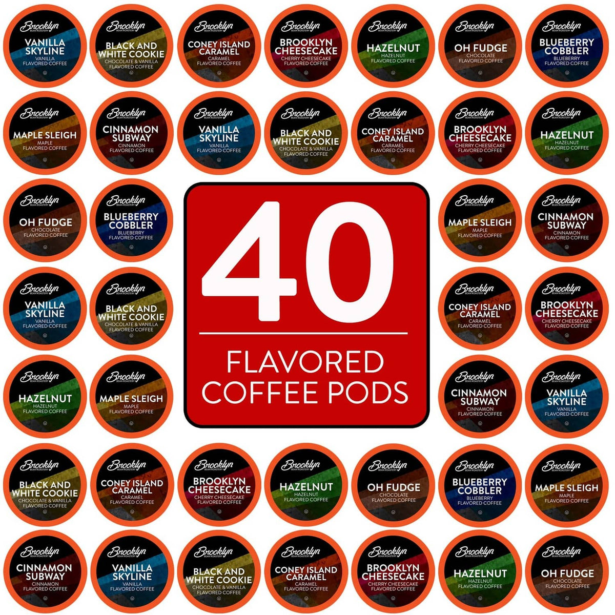Box of 40 flavored coffee pods with variety label