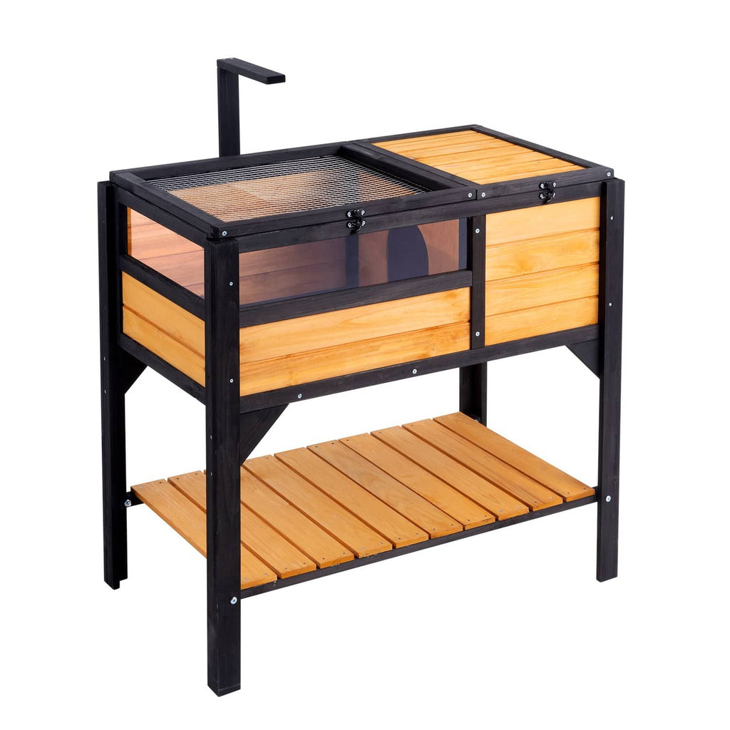 Two-level wooden reptile habitat with black frame, mesh top cover, and raised platform
