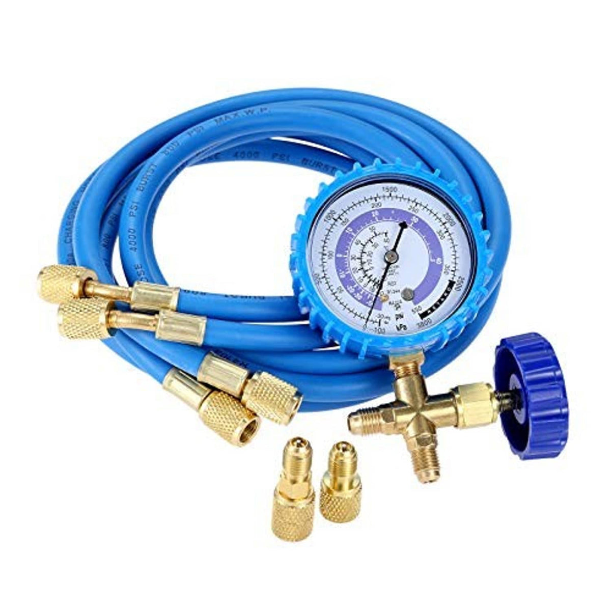 Blue refrigerant charging hose kit with pressure gauge and brass quick-connect fittings