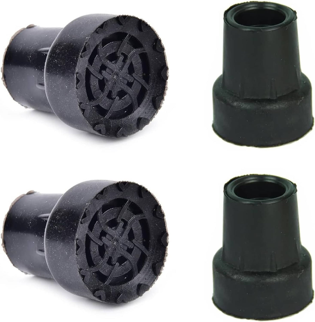 Crutch tip rubber end caps, black with textured tread and open stem, 4-pack
