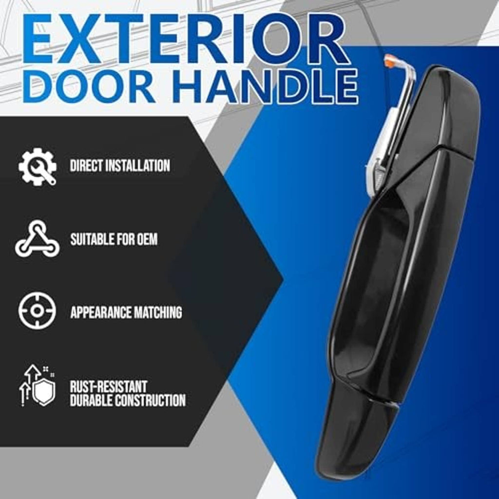 Black exterior door handle with curved shape and chrome latch