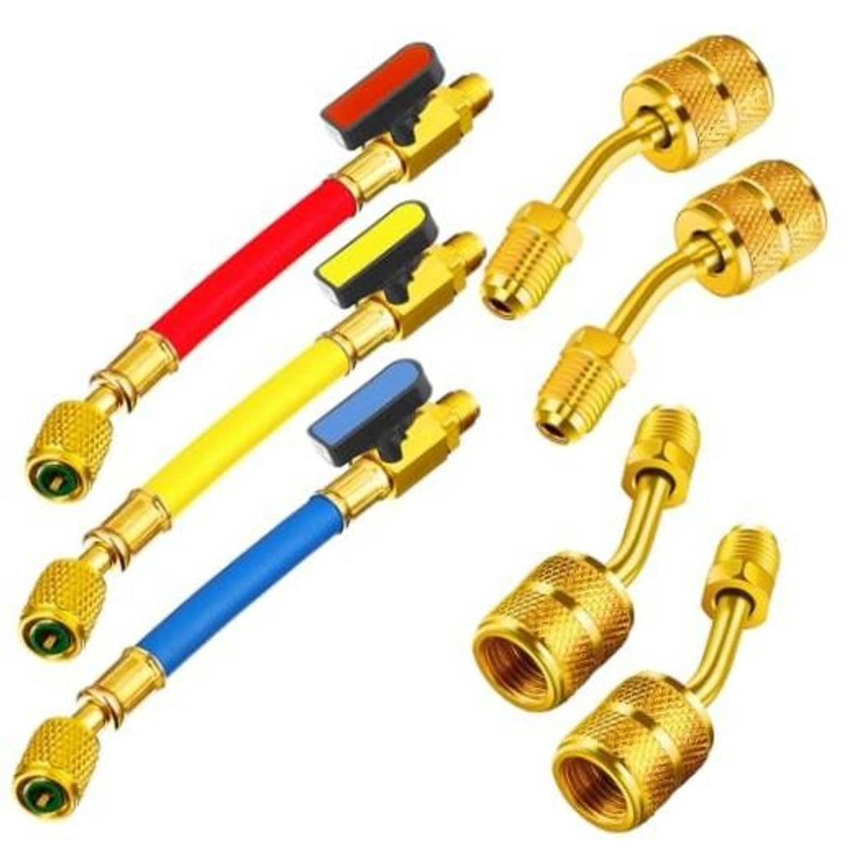 Set of three colored refrigeration hoses with brass connectors and ball valve handles