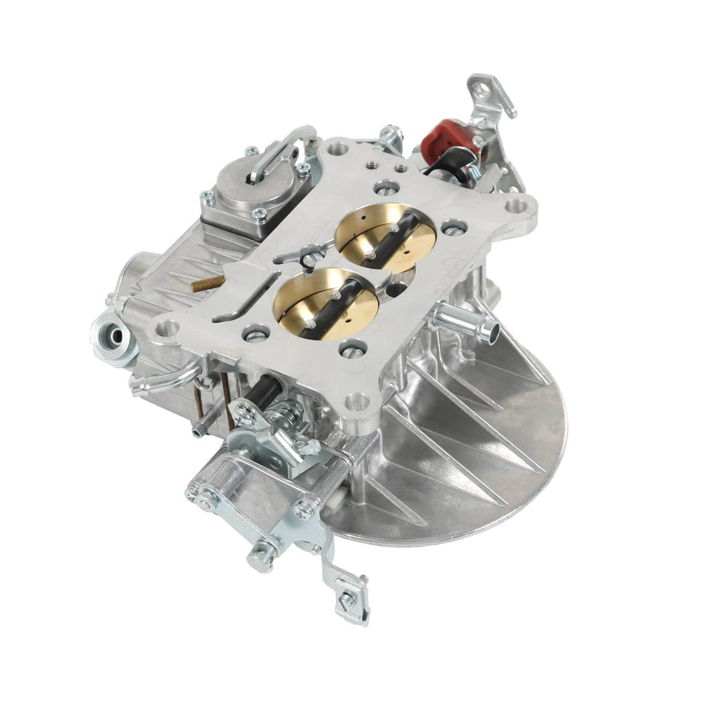 2-barrel carburetor top view showing two circular bores and linkage rods