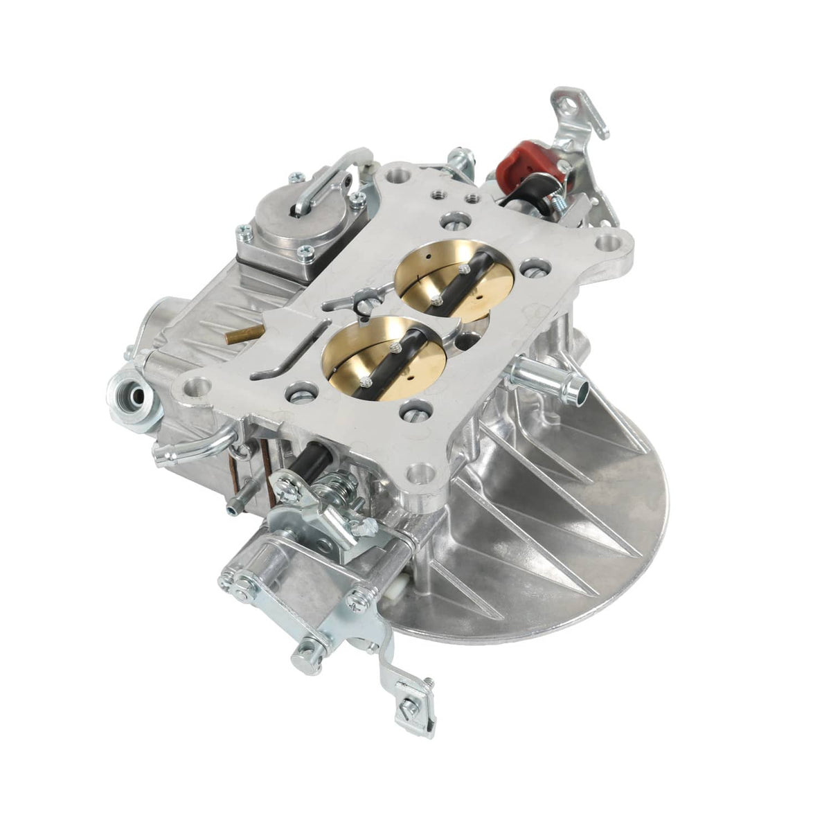 2-barrel carburetor top view showing two circular bores and linkage rods