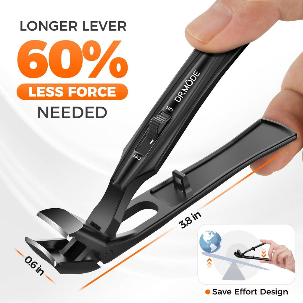 Black toenail clippers with long lever handle for easier trimming