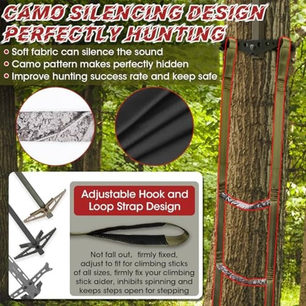 Green camo climbing stick aider with adjustable strap and wide padded step edges
