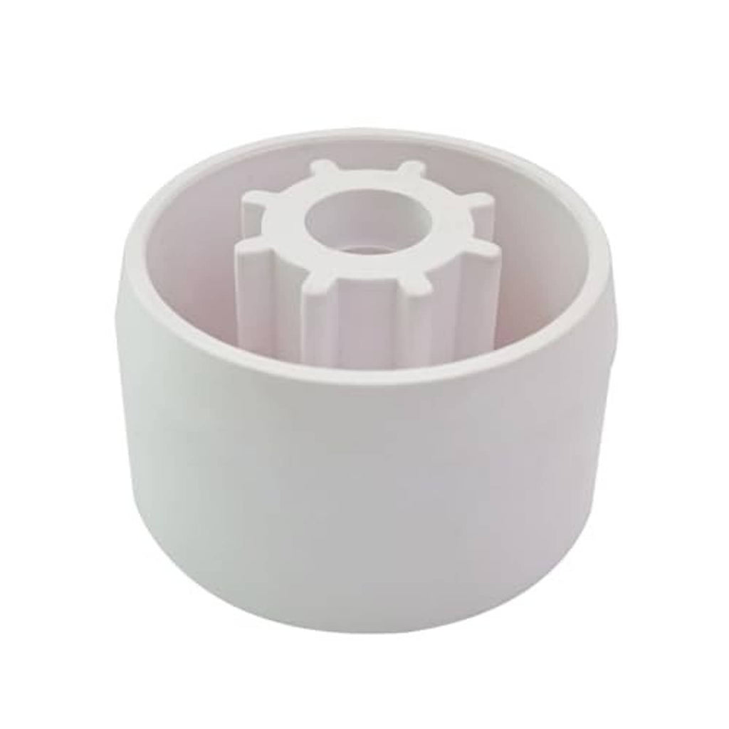 White caster pipe cap fitting with exposed interior insert and central opening