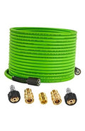 Green pressure washer hose coil with brass and black quick-connect fittings