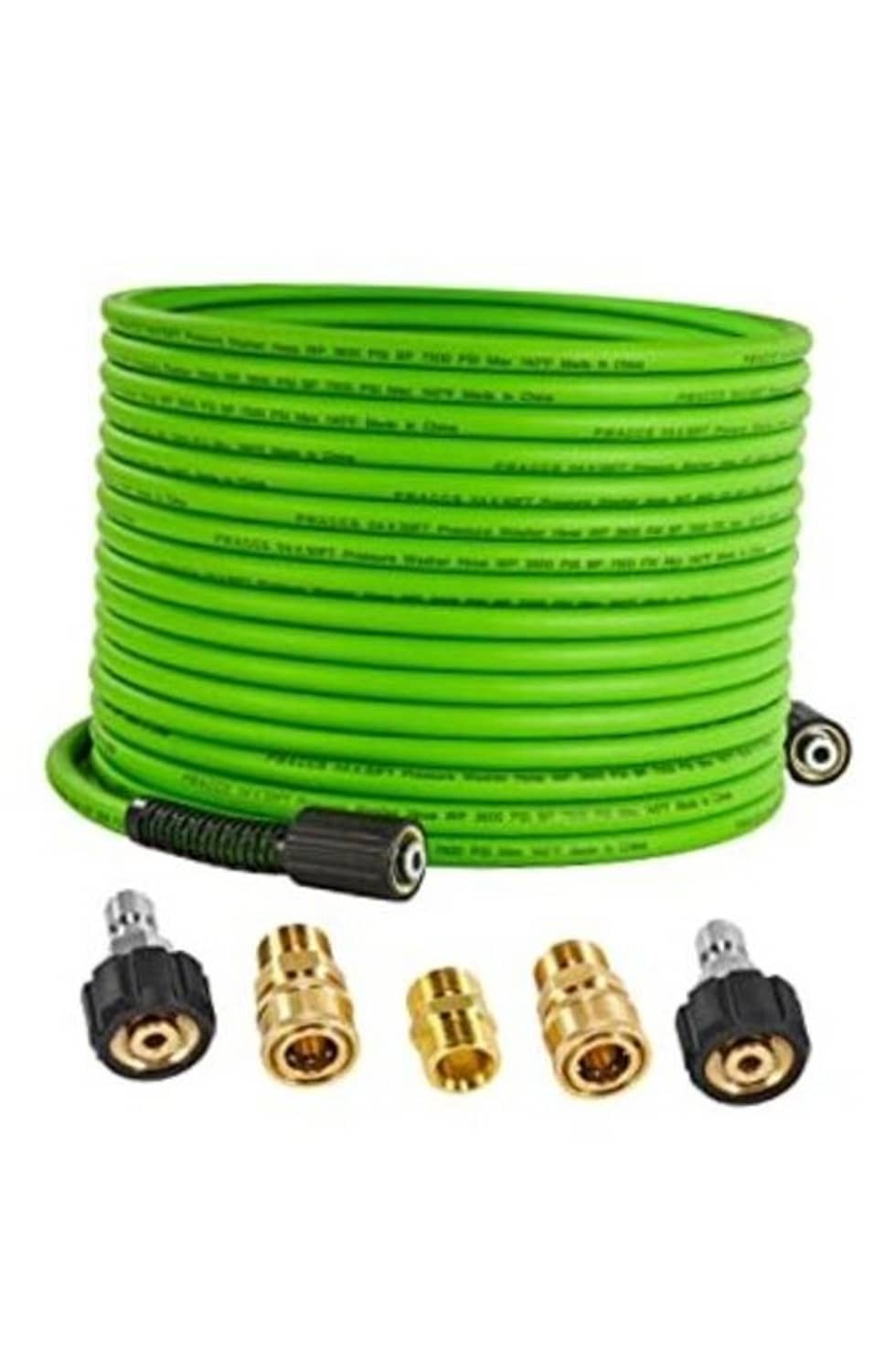 Green pressure washer hose coil with brass and black quick-connect fittings