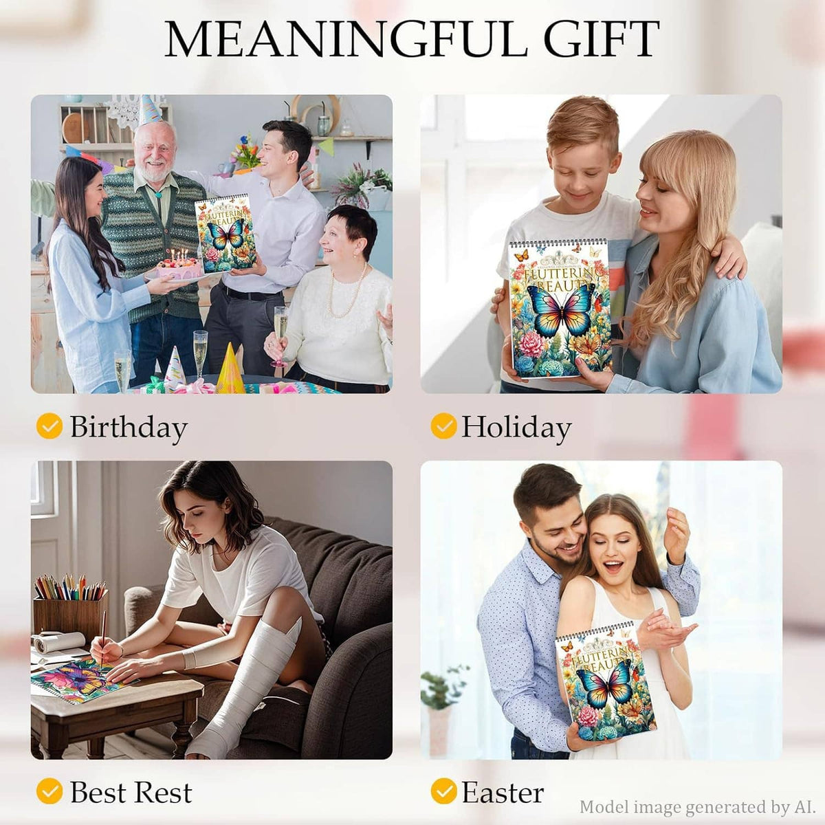 Adults enjoying a butterfly-themed coloring book together, gift idea promotional layout