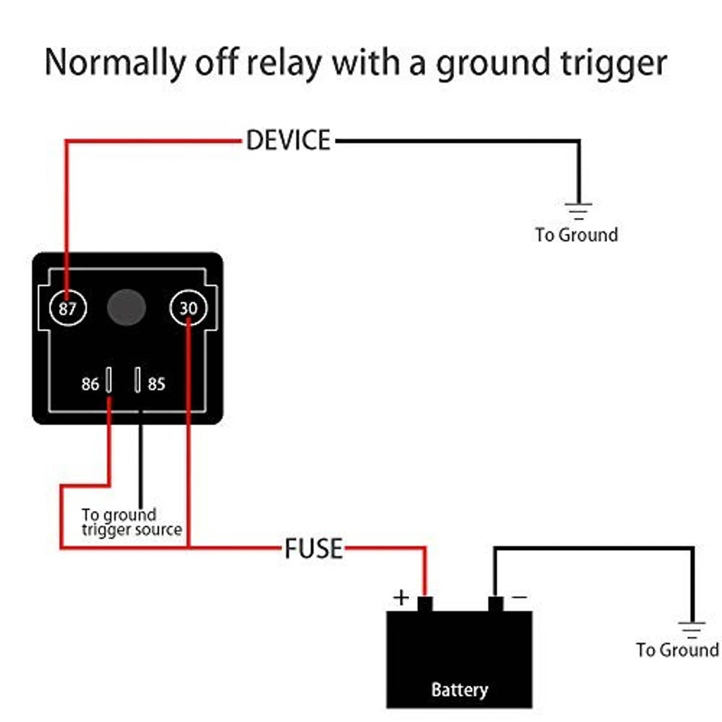 Normally-off relay wiring diagram with ground trigger and fuse and battery connections