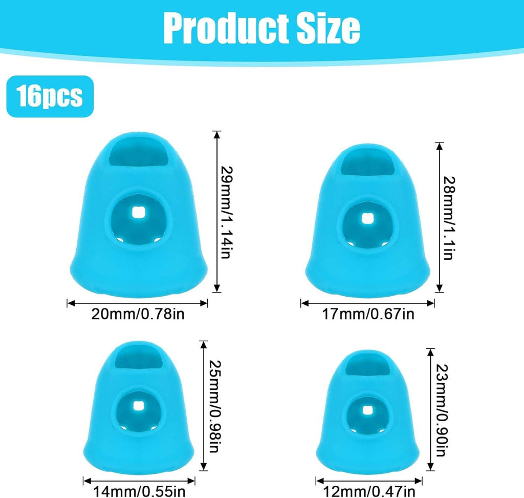 Silicone fingertip protectors size guide showing four blue and teal cap sizes