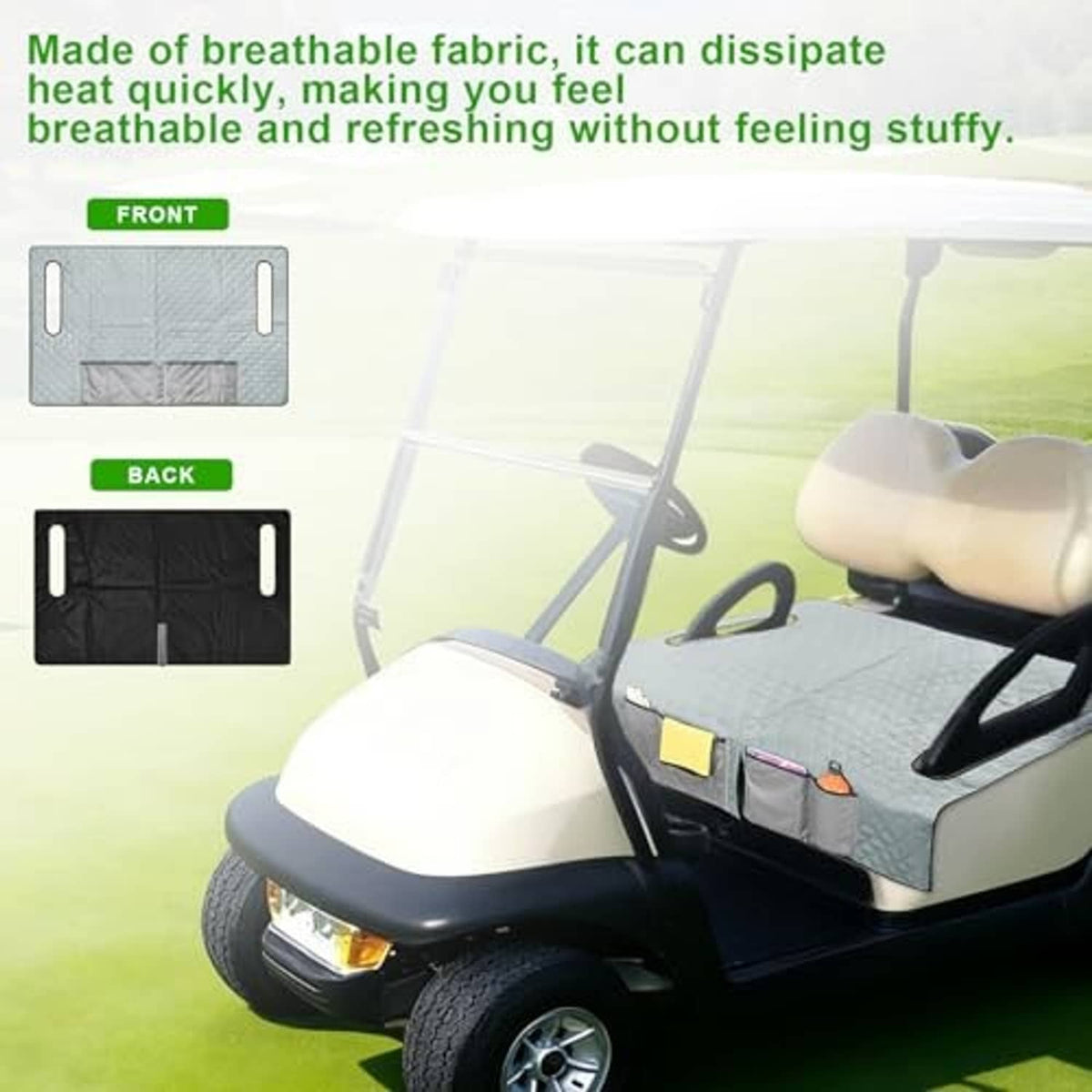 Gray quilted golf cart seat cover with front and back pocket panels