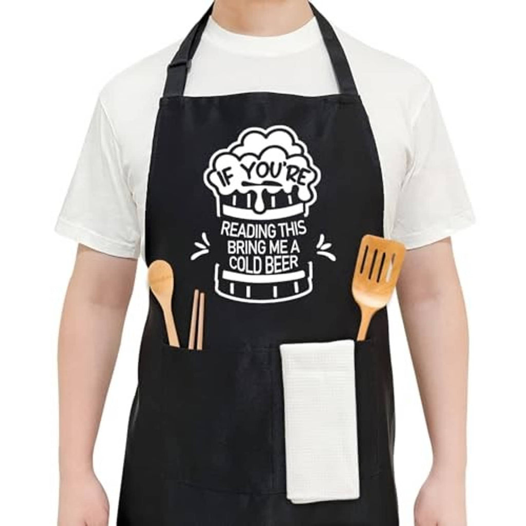 Black BBQ apron with beer quote graphic and front pocket holding a folded towel