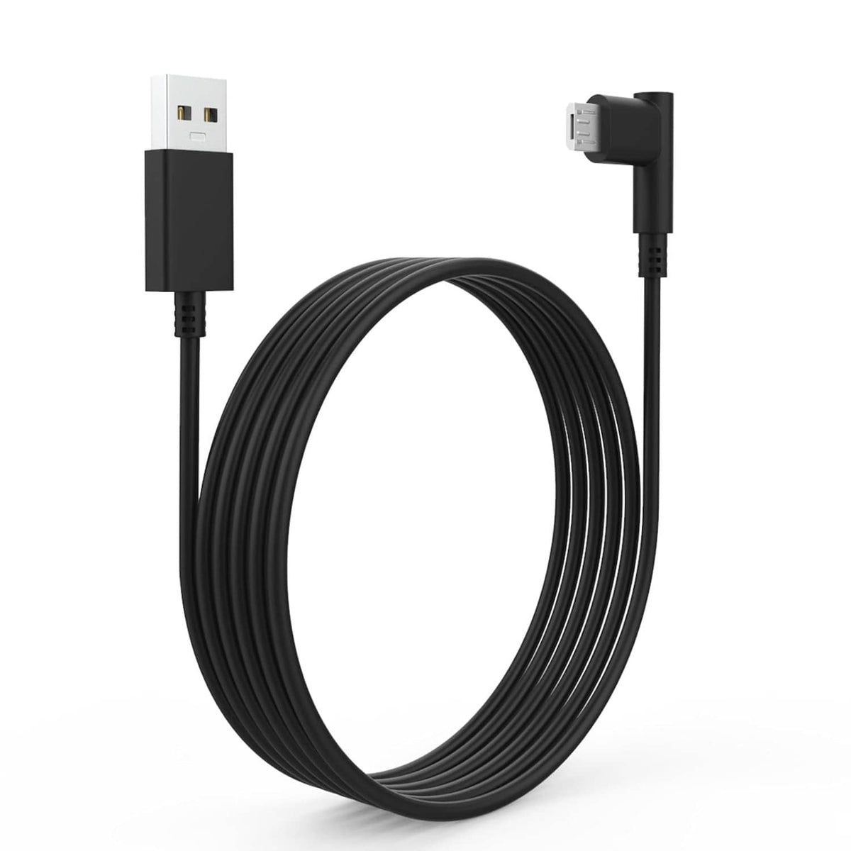 Coiled black micro-USB cable with USB-A plug and right-angle micro-USB connector.