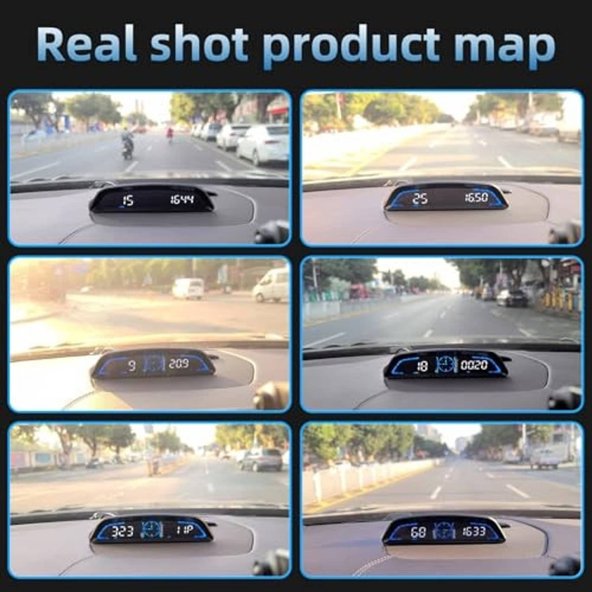 Car HUD in use from multiple driving angles showing speed digits on the dash