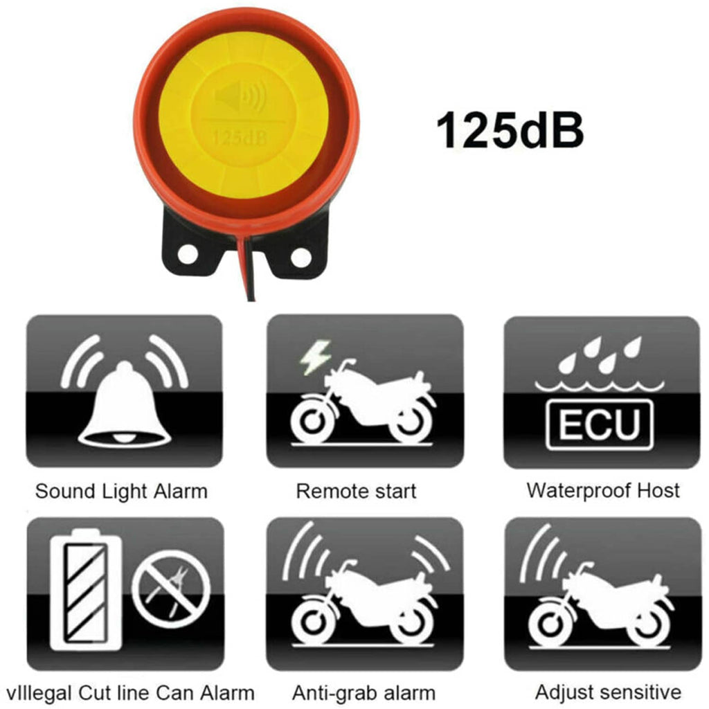 Yellow round siren button and alarm function icons for motorcycle anti-theft remote system