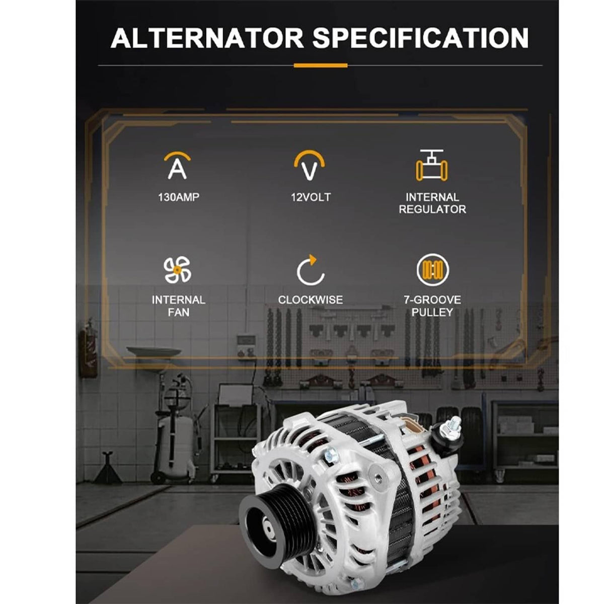 Silver alternator with black pulley, internal fan visible through vented housing
