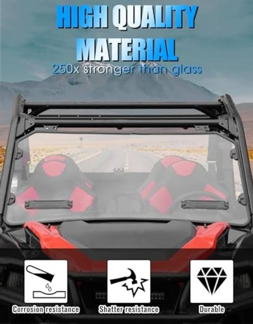 Front windshield panel in black frame with reinforced crossbar support