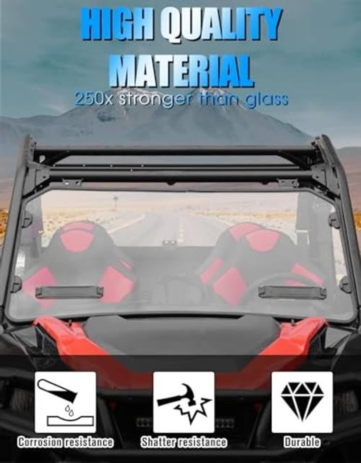 Front windshield panel in black frame with reinforced crossbar support