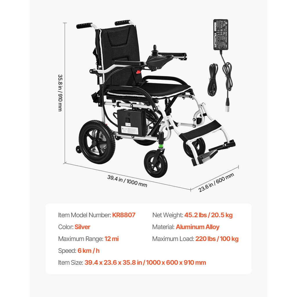Electric wheelchair with black padded backrest, white frame, and detachable joystick