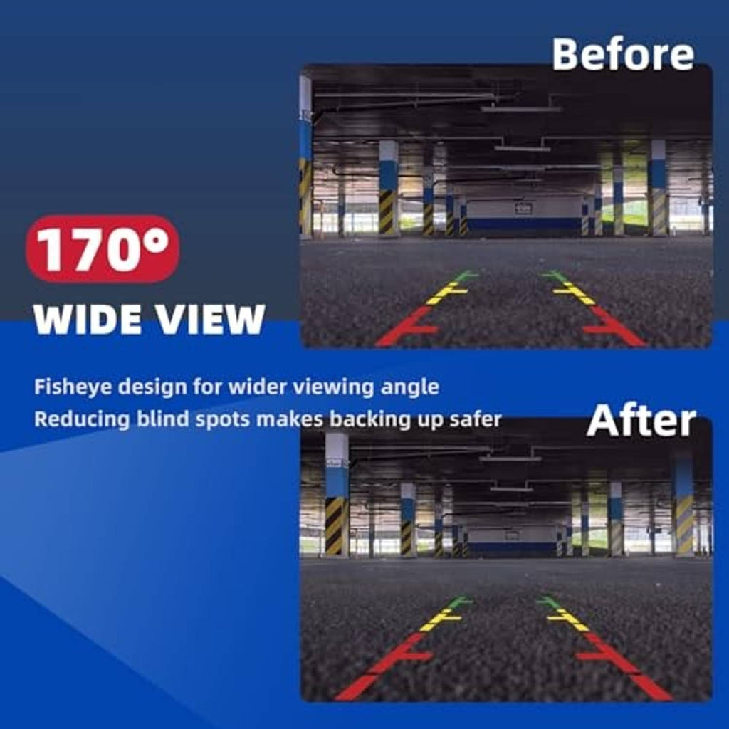Wide-view backup camera display with parking guide lines in a garage