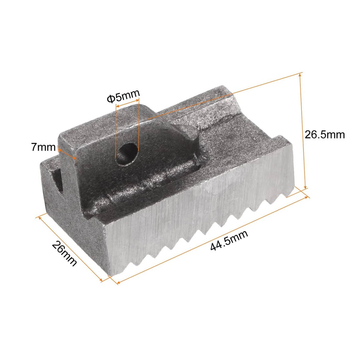 Dimensioned view of 24-inch pipe wrench heel jaw with pin and serrated teeth