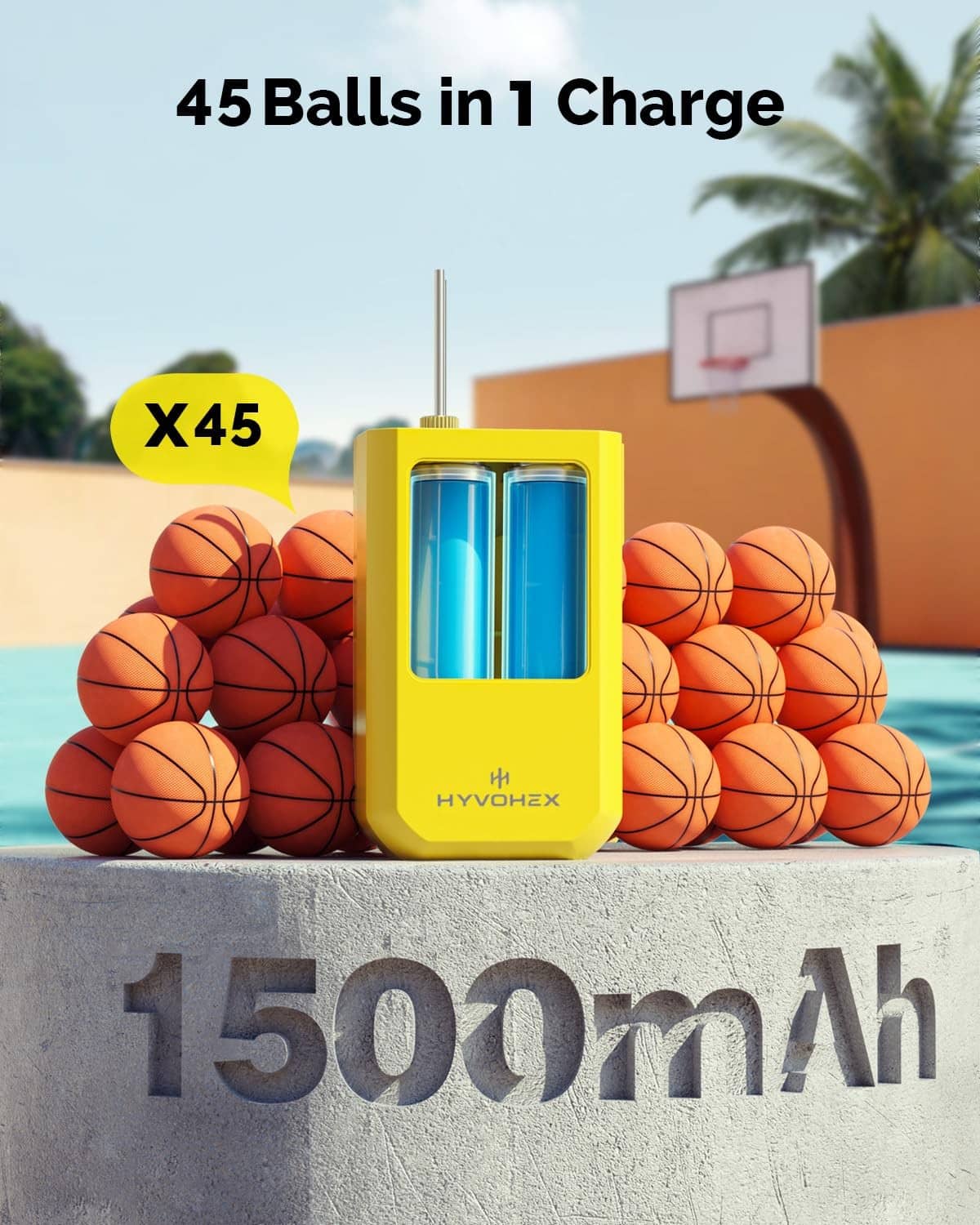 Yellow handheld electric ball pump with raised needle and blue internal chamber