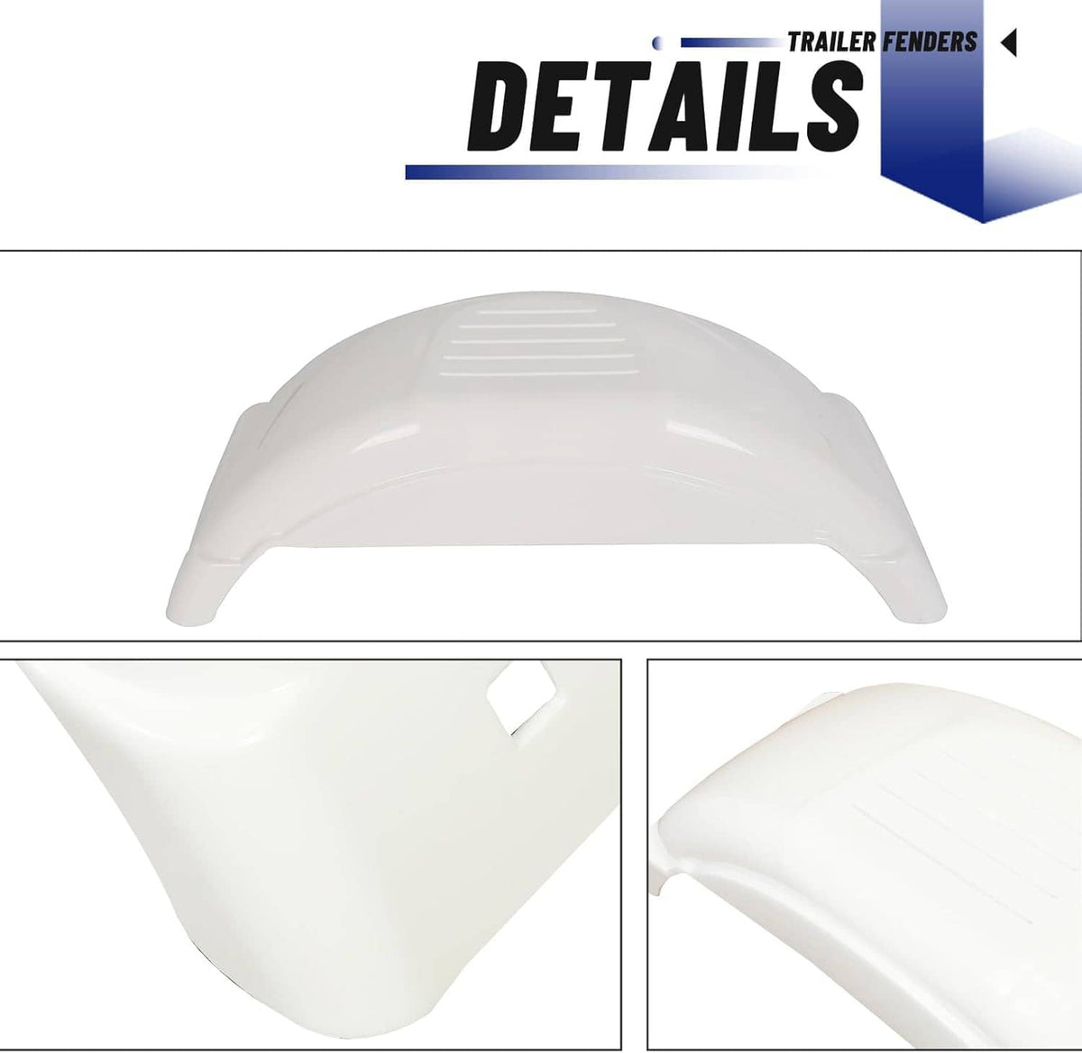 White plastic trailer fender with stepped contour and mounting points, pair