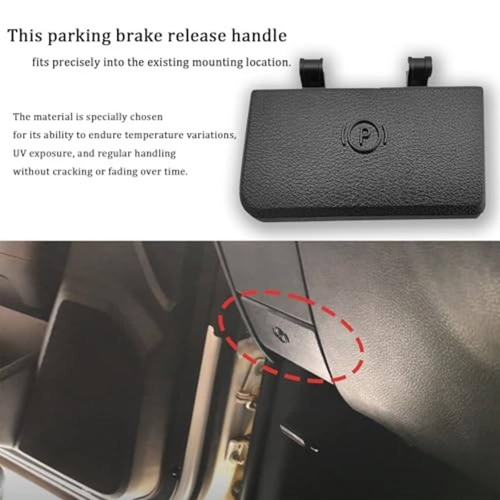 Black parking brake release handle cover with 'P' emblem; close-up of mounting area
