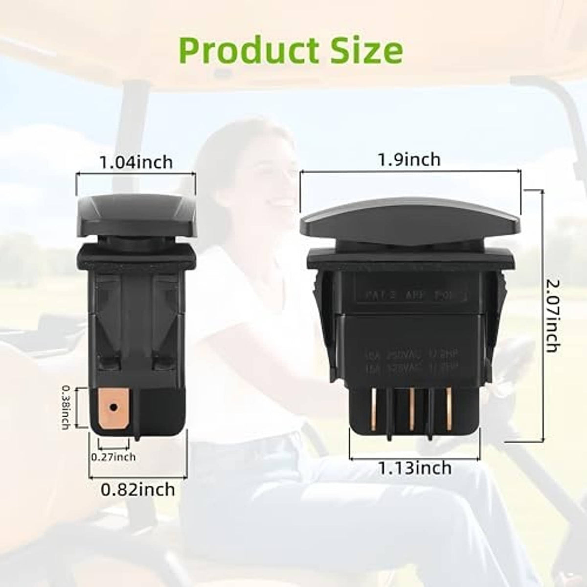 Black forward/reverse switch with size measurements shown in inches