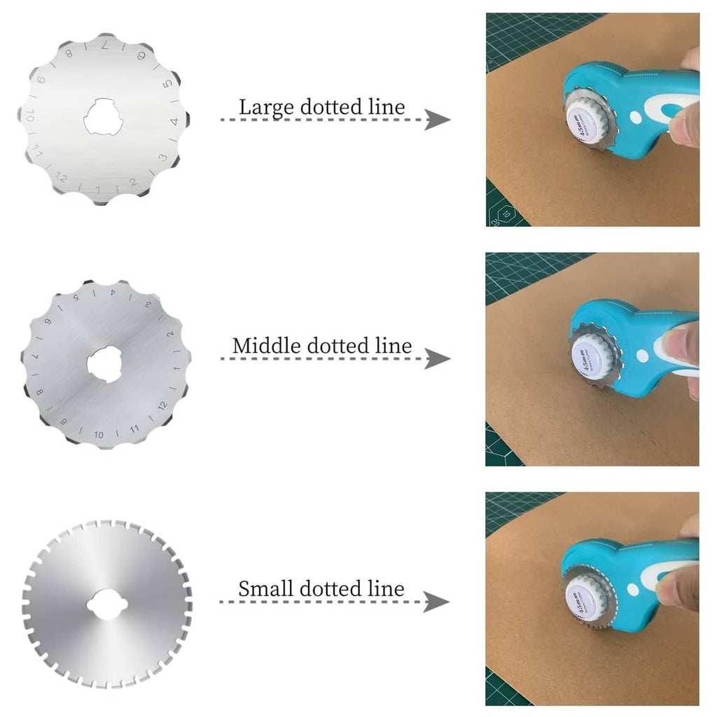 Skip-stitch blade discs with dotted cutting lines for large, middle, and small seams