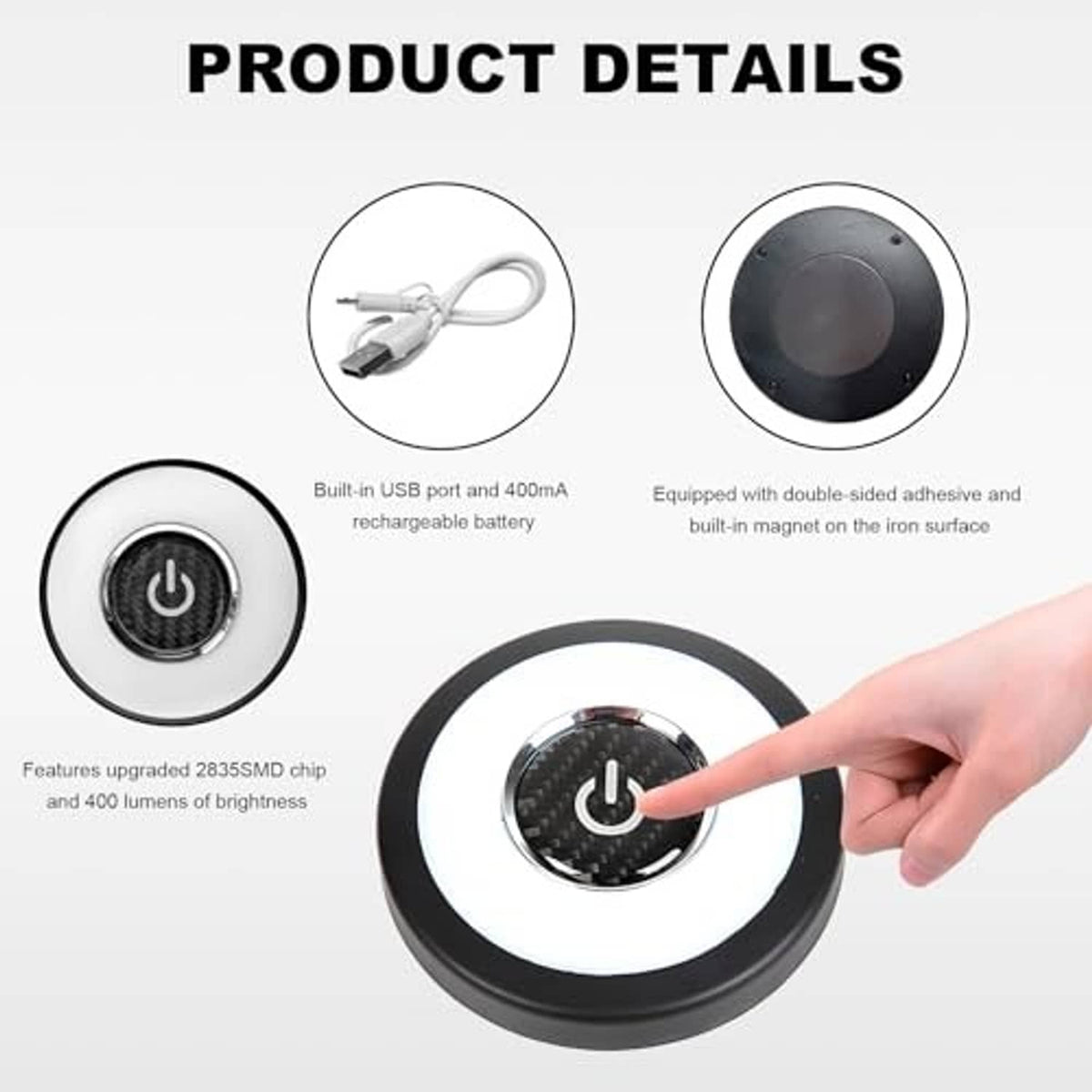 Round LED roof light disc with finger-pressed power button, black and white housing