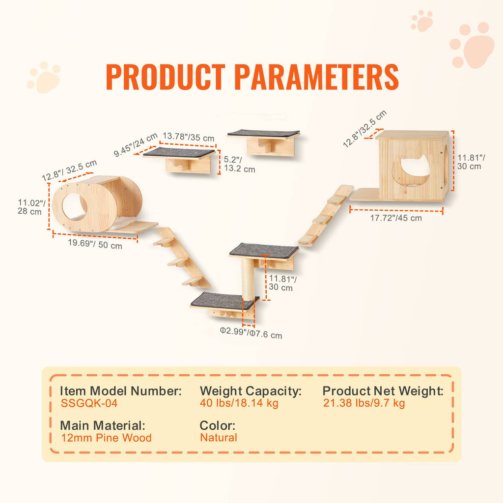 Wall cat shelf tree set dimensions and specs showing natural pine wood construction