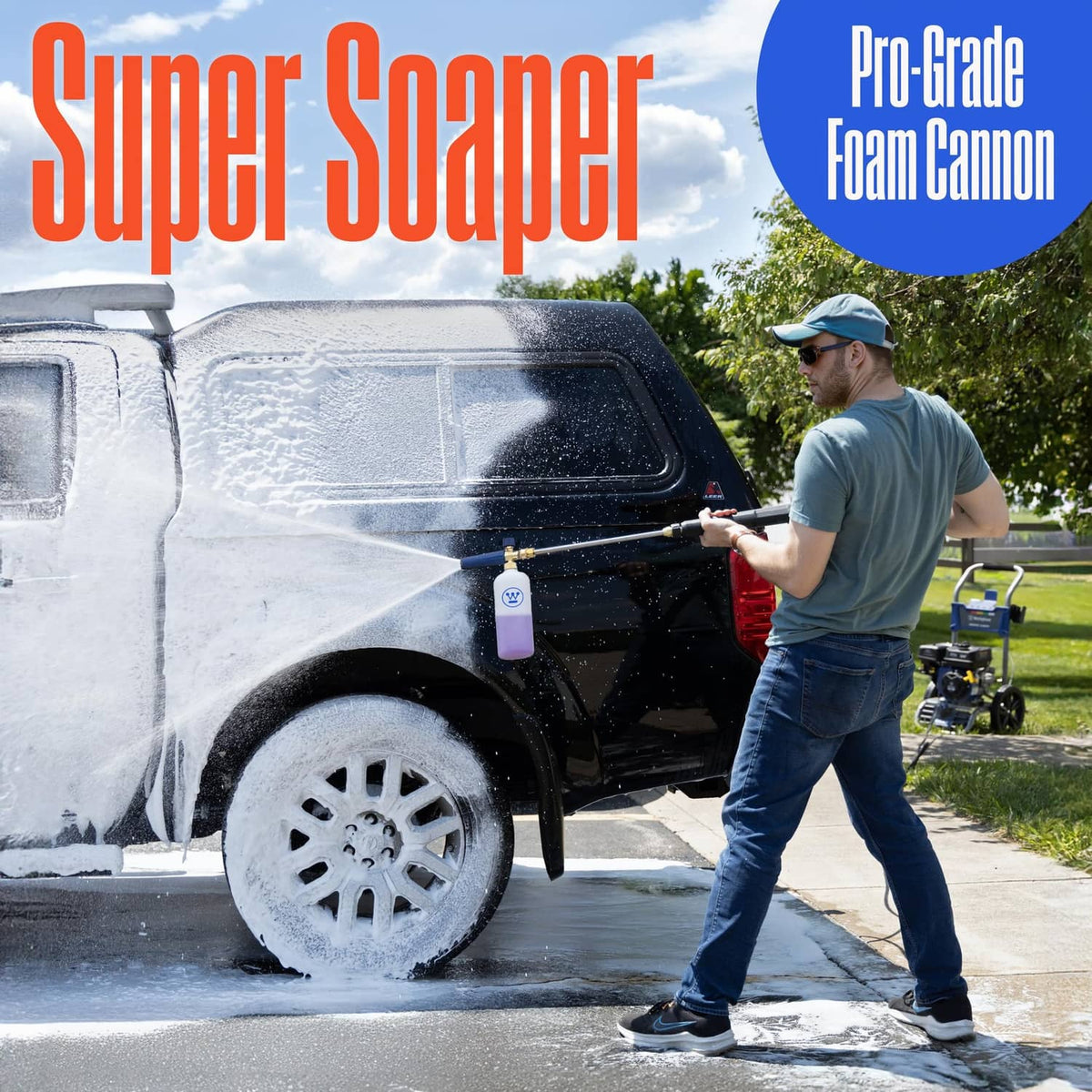 Blue foam cannon spraying foam onto a vehicle surface