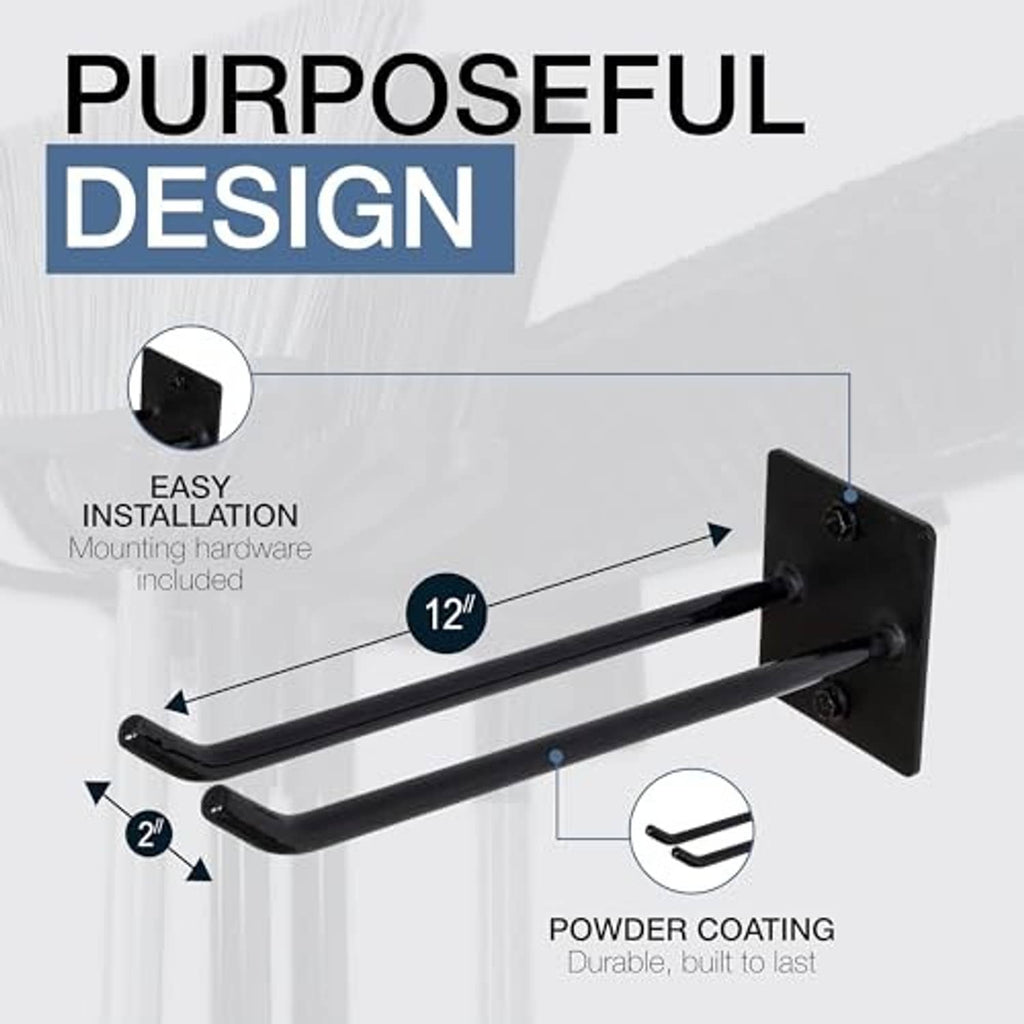 Double-arm steel wall hook with powder-coated finish and mounting plate for ladders.